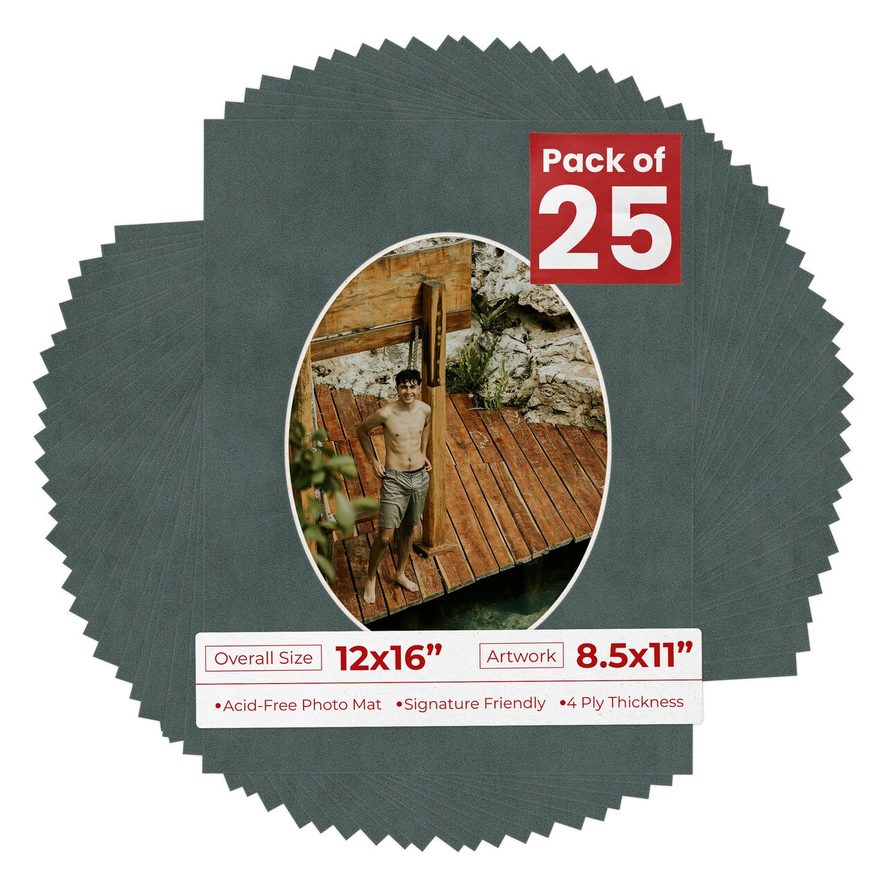 Dark Grey Suede Mat Board for 12x16 Frames - Oval Opening for 8.5x11 Photos